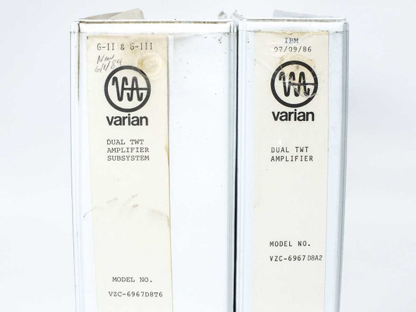 Varian Dual TWT Amplifier Subsystem manual spine labels — left binder labeled G-II & G-III VZC-6967D8T6, right binder labeled IBM 07/09/86 VZC-6967D8A2