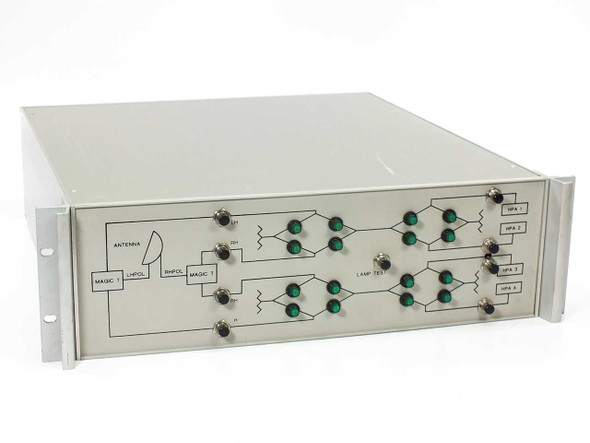 Telecomm Engineering 142001-1 Network Mimic Panel – front panel showing antenna mimic diagram, LHPOL/RHPOL paths, Magic T symbols, green LED status indicators, and four HPA output labels