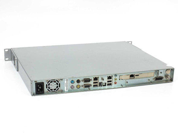 International Datacasting SFX3101R – rear panel angled view showing power inlet, fan, S-Video, composite, DB-9, DB-15 VGA, dual Ethernet, USB, FireWire, RCA audio, and F-type SAT input