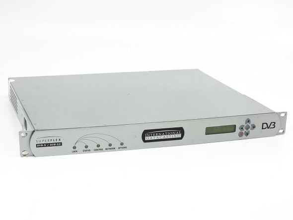 International Datacasting SFX3101R SuperFlex satellite receiver – front panel angled view showing DVB-S/DVB-S2 label, status LEDs, LCD display, and DV3 logo