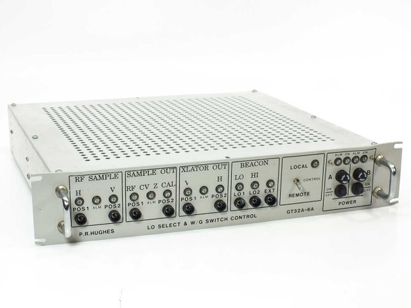 P.R. Hughes GT32A-6A LO Select and Waveguide Switch Control – front panel view showing RF Sample, Sample Out, XLATOR Out, Beacon, Local/Remote control, and Power A/B sections