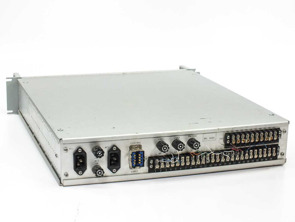 Locus RDS-1089 rear panel showing dual IEC AC inlets, DB9 control cable port, circular LNA connectors, and 25-position terminal strip