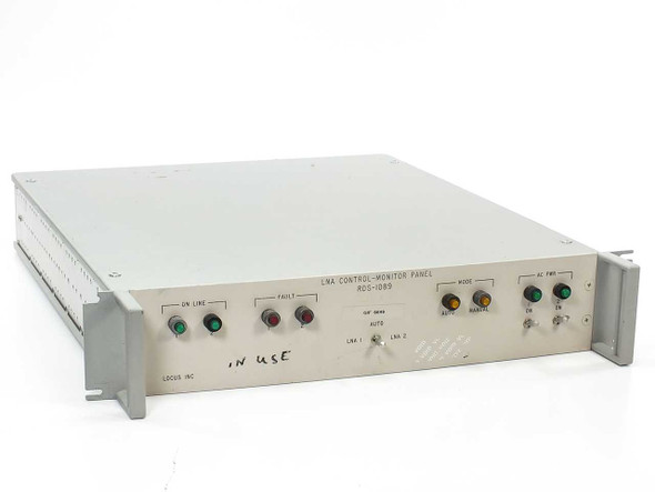 Locus RDS-1089 LNA Control Monitor Panel front view showing On-Line and Fault LED indicators and IN USE marking