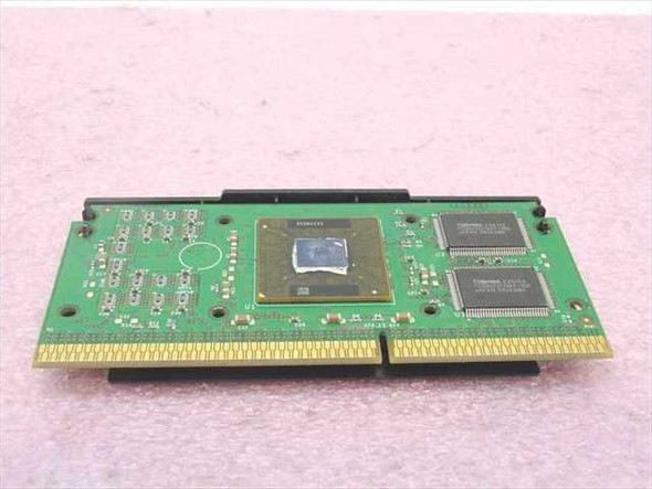 Intel Pentium II SL357 PCB reverse side showing Deschutes die, Toshiba L2 cache chips, and Slot 1 edge connector