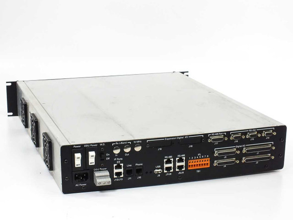 Americom AST3100 rear panel overview showing AC power inlet, ODU Power connector, L-Band BNC ports, IP ports, USB, RS-485, RS-232, and Digital I/O connectors