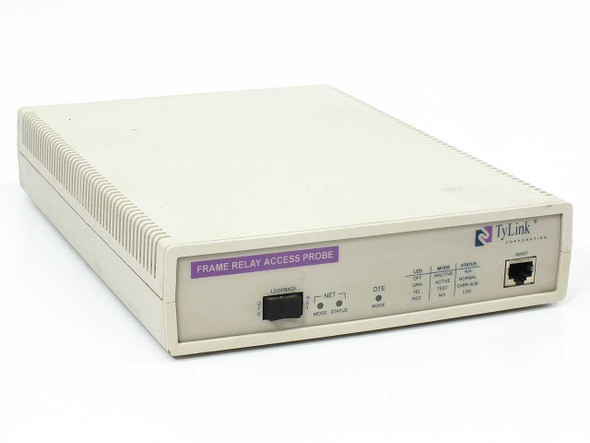 TyLink Corporation FRAP Frame Relay Access Probe – front panel angle view showing 'Frame Relay Access Probe' label, loopback switch, NET and DTE mode switches, LED status indicators, and MAINT RJ port