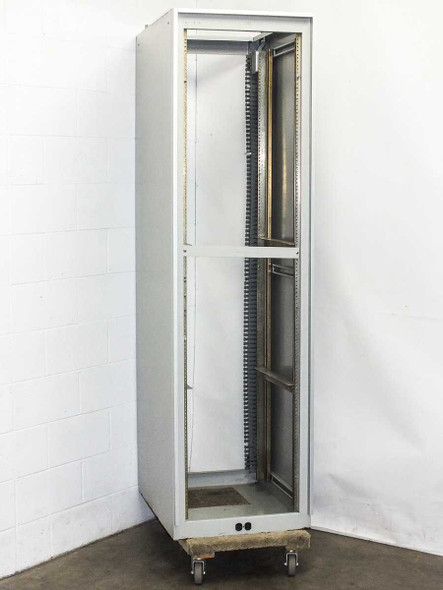 44U 19-inch rackmount cabinet enclosure – right-side front view showing full height with casters at base and two-section interior
