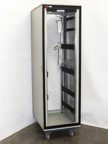 Varian VZC6967R4 40U rackmount cabinet enclosure – right side three-quarter view with door open showing slide rails and interior