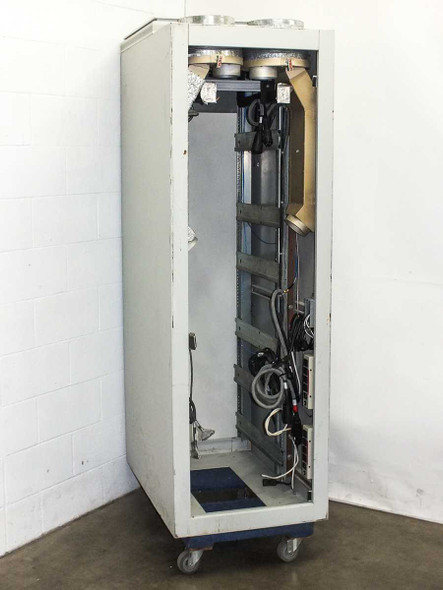 Xicom Technology 38U rackmount cabinet — left-side open view showing internal rack structure, dual top fans, and floor castors