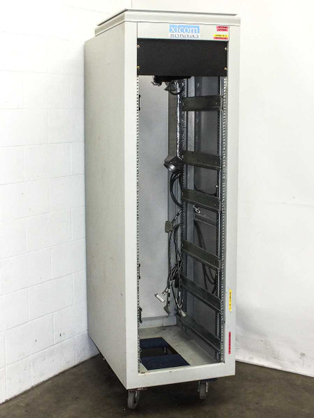 Xicom Technology 38U 19in rackmount cabinet — right-side open view showing internal rack rails, cabling, and top fan assembly