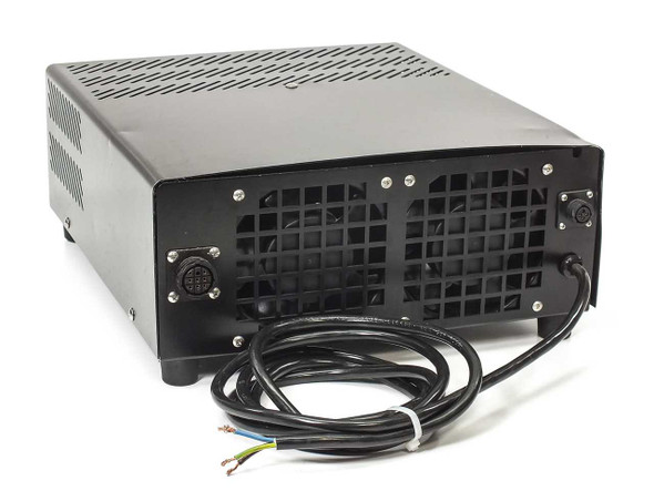 NEY SweepSONIK 2 ultrasonic generator rear view – large dual cooling fan grille, attached hardwired power cable with bare wire ends, and multi-pin transducer connector