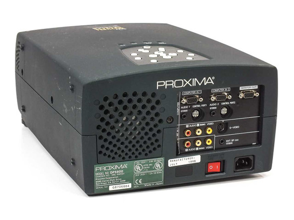 Proxima DP5900 LCD Projector — rear panel showing VGA, RCA composite, S-Video, control ports, power switch, and rating plate