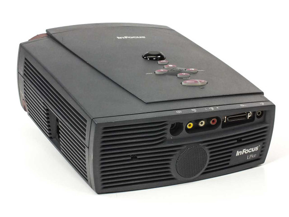 InFocus LP400 DLP projector — top and rear quarter view showing top control panel buttons and rear connection ports
