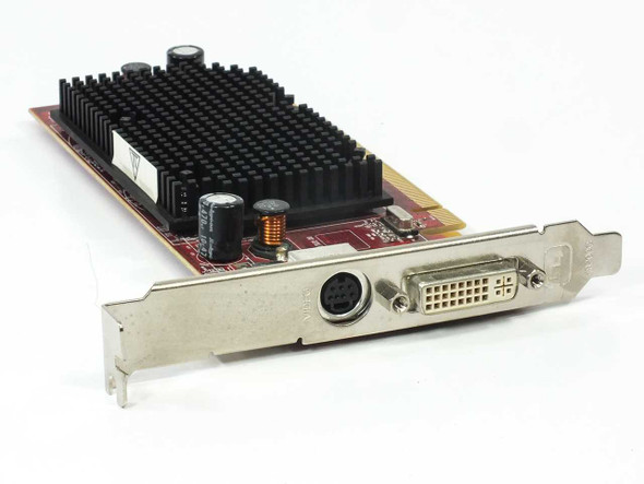 ATI Radeon B170 256MB PCIe video card — front view showing passive heatsink, DVI-I port, and S-Video output on low-profile bracket