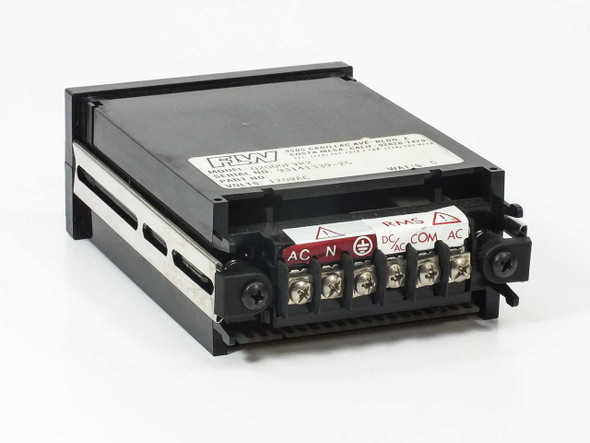 FLW Newport Q2000FVR2 AC Voltmeter Panel Meter – rear-left angle showing screw terminal block with AC N RMS labels and rating label