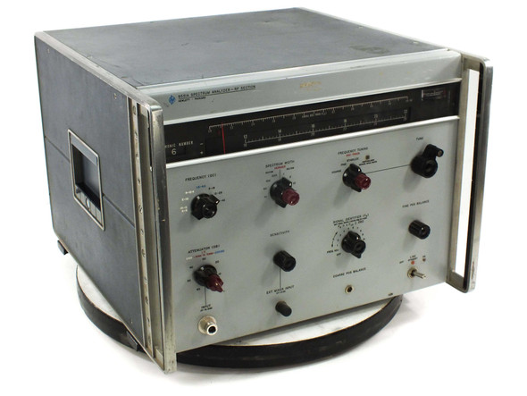 HP 8551A Spectrum Analyzer RF Section front panel — three-quarter view showing analog meter, frequency and attenuator knobs on gray chassis