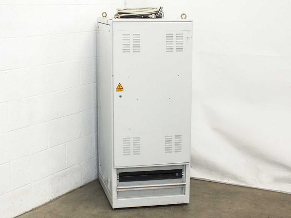 Balzers RFS 302 RF Plasma Generator – right-side view of cabinet showing ventilation louvers and electrical warning label, cables on top
