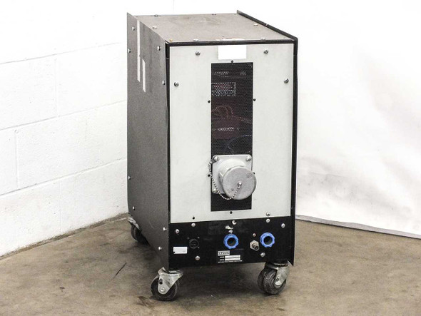 Eratron PPS 8210 RS MF – rear view showing ventilated panel with large 3-phase industrial twist-lock receptacle and two blue coolant fittings
