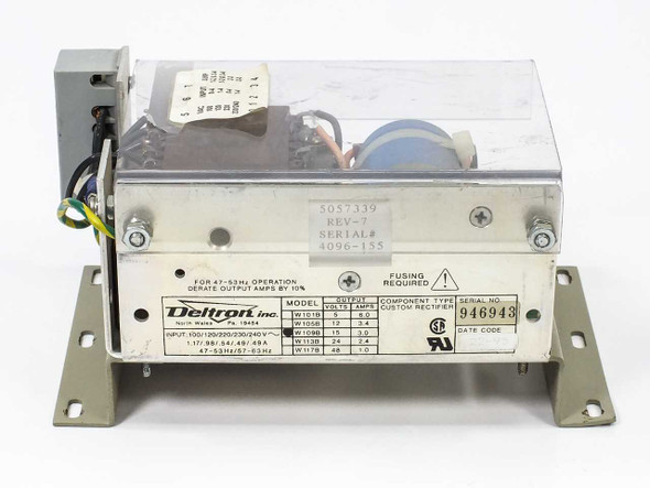 Deltron W109B open frame linear power supply – front label view showing model matrix, serial number 946943, and CSA marking