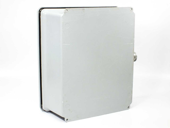Stahlin J1614HW fiberglass enclosure closed exterior view showing latch and side conduit fitting