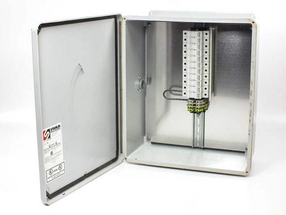 Stahlin J1614HW NEMA 4X solar combiner box open view showing DIN rail with 11 USM1 breaker holders and grounding bus bar