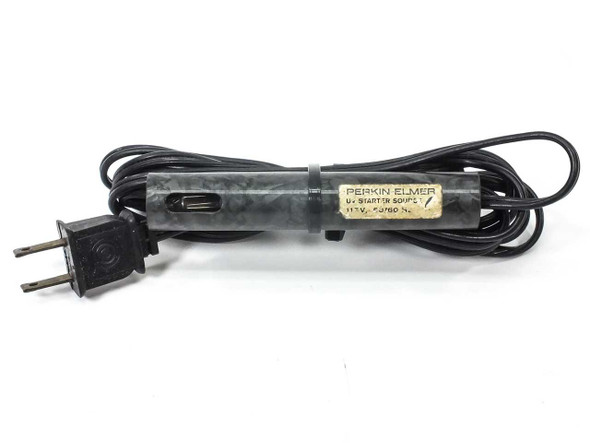 Perkin Elmer UV Starter Source full view showing cylindrical housing, inline switch, and AC power cord with plug