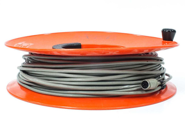 200ft gray 5-pin extension cable on orange spool — side profile showing full cable wrap