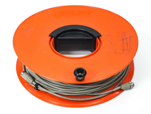200ft gray 5-pin data extension cable wound on orange spool — top view with carry handle