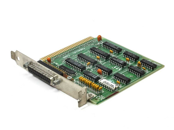 IBM 1501987XM 8-bit ISA parallel card – angled front view showing DB-25 female connector bracket and component side with DIP ICs