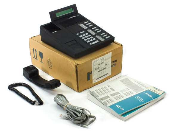 Nortel Meridian NTBX90 NTBX90FA M5209T ISDN telephone in black shown with original box, handset, phone line cable, and documentation guides