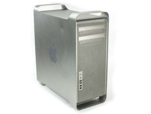 Apple Mac Pro A1186 tower – right-side front three-quarter view showing aluminum enclosure and perforated mesh panel