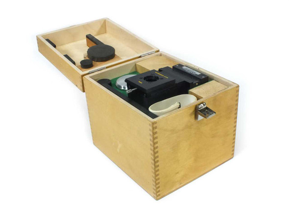 Ealing 25-9218 Smartt Point Diffraction Interferometer open wooden carrying case with components stored inside