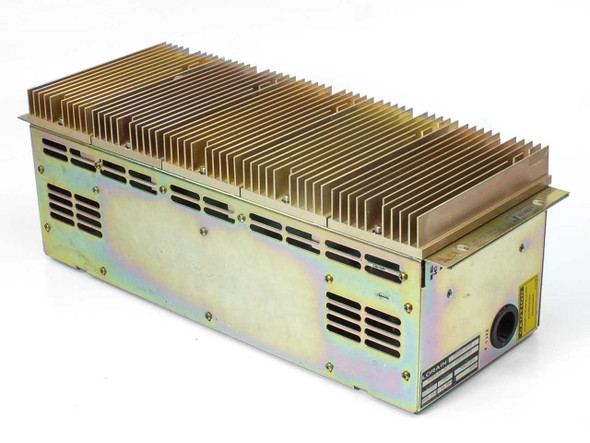 Lorain MZHSA15CAB Modular DC-DC Converter rear three-quarter view showing gold heatsink fins and ventilation slots