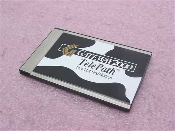 Gateway 2000 TelePath PC14.4SR PCMCIA Fax/Modem card — front label view showing Gateway 2000 logo and TelePath 14.4/14.4 branding