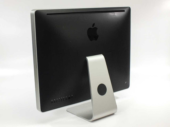 Apple iMac A1225 24-inch rear view — black back panel with Apple logo, aluminum stand, slot-load optical drive slot visible at top