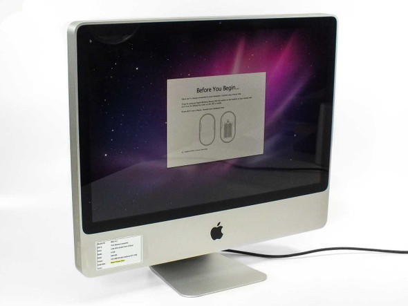 Apple iMac A1225 24-inch front view — screen displaying OS X Snow Leopard setup screen, spec label visible on lower left
