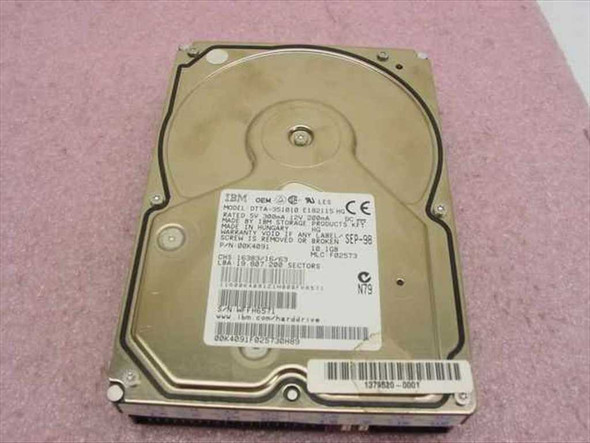 IBM DTTA-351010 00K4091 hard drive top label showing model, part number, and specifications