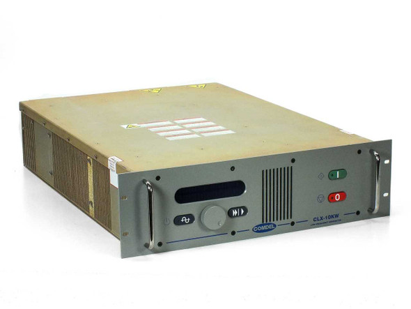 Comdel CLX-10KW Low Frequency Generator FP1605RA – front-left three-quarter view showing 3U rackmount chassis with front panel display, controls, and rack ears