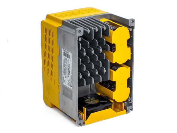 Rhymebus RM6E1-2005B3 VFD – rear view showing heat sink fins, cooling fan, and terminal wiring connections