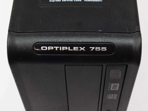 Dell OptiPlex 755 nameplate close-up on front bezel with Express Service Code label