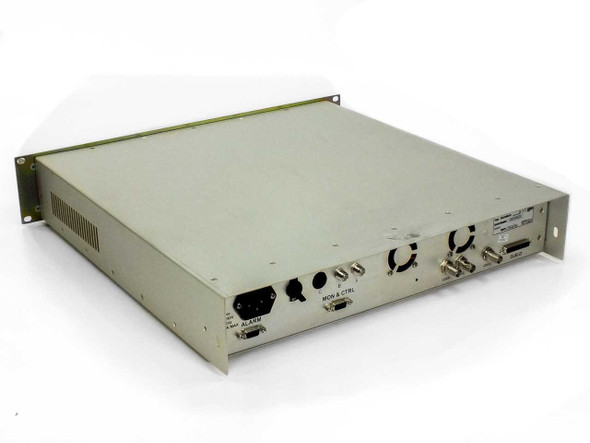 Newtec DVB-2063 NTC/2063/Lx satellite demodulator – rear panel 3/4 view showing IF BNC inputs, MON & CTRL port, ALARM connector, COAX outputs, and cooling fans
