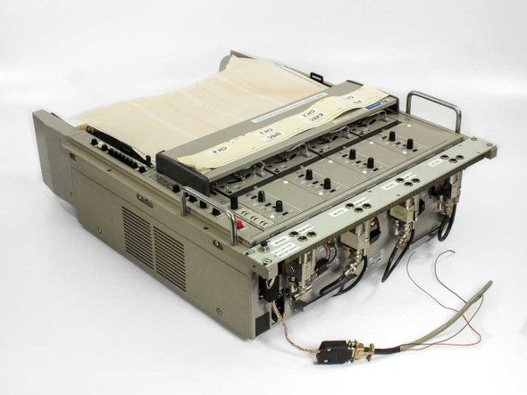 Graphtec WR3320 Linearcorder — angled rear-left view showing rear panel banana-jack inputs, wiring, and all four AZ3302 modules installed