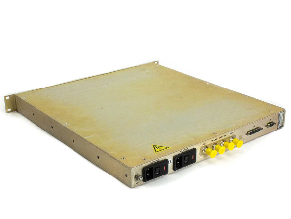 Specialty Microwave 4000A-70 rear panel showing dual IEC AC power inlets, N-type RF connectors labeled IN 2, ON-LINE, OFF-LINE, IN 1, and D-Sub control connectors