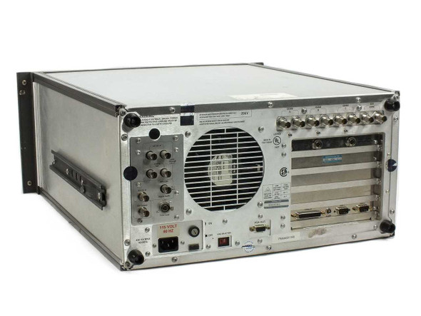 Tektronix VM700T rear panel showing BNC signal inputs, large cooling fan, VGA output, GPIB connector, DB-9 ports, and IEC AC power inlet at 115V 60Hz
