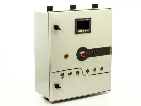 ICP DAS VPD-143 industrial control enclosure front-right three-quarter view showing VPD-143 touchscreen display, emergency stop button, Manual/Auto selector switch, and indicator pilot lights on door panel