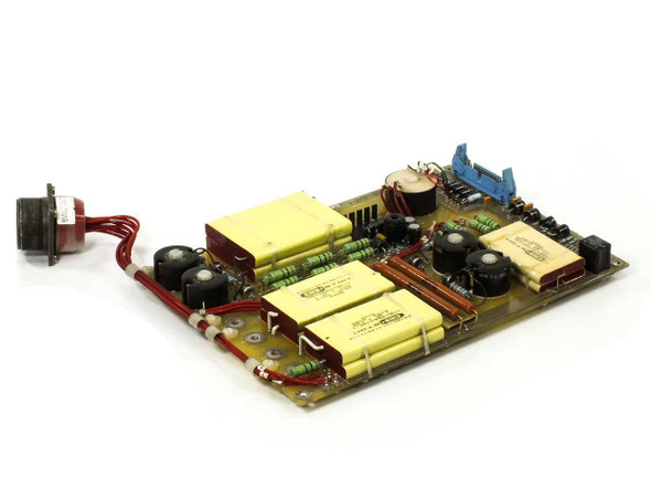 CPI Satcom Gen IV HV Module 01026320 – opposite three-quarter angle showing underside component layout with large yellow transformer and capacitor banks