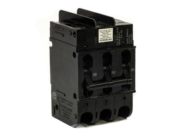 Heinemann CD3-A8-DU 3-pole 50A 240VAC circuit breaker — front view showing three 50A toggle handles and Heinemann label