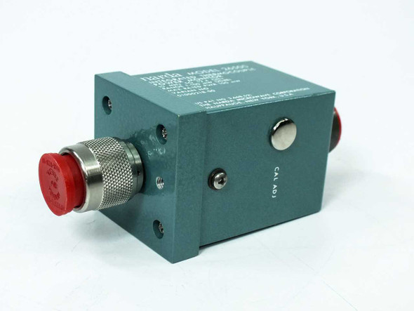 Narda 26500 Thermocouple Power Monitor – three-quarter angle view showing teal aluminum housing, N-type RF input, and CAL ADJ trimmer