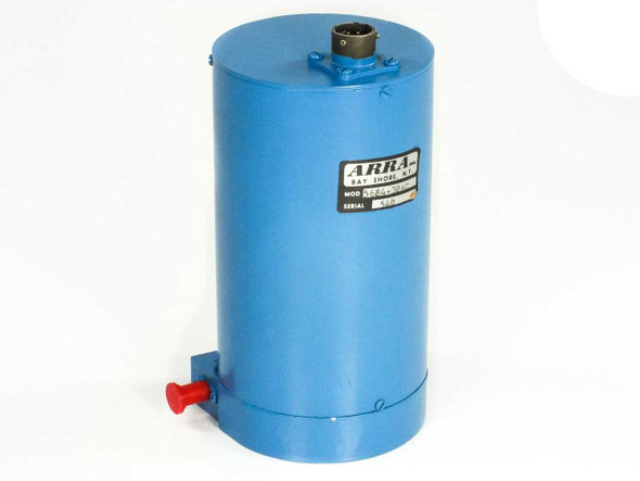 Arra 5684-30AC variable attenuator front-left view showing blue cylindrical drum housing, model label, multi-pin top connector, and red adjustment knob
