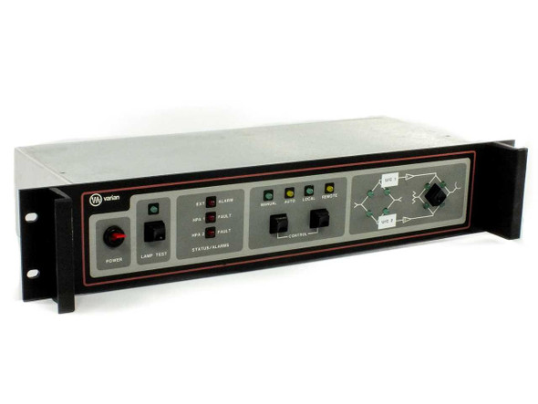 Varian VJC6767S2CMU RF Satcom Control Interface – front panel view showing Power, Lamp Test, Status/Alarms, and upconverter switching section